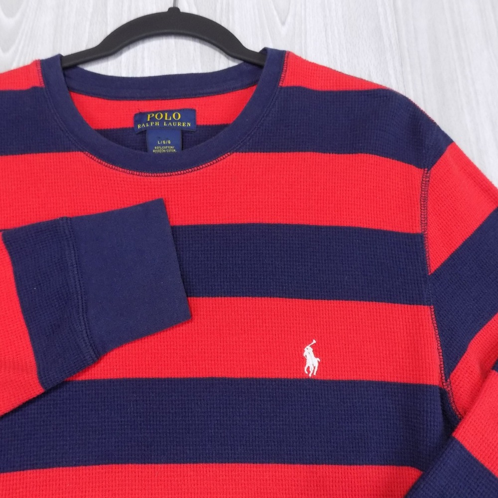 Polo Ralph Lauren Waffle Knit Thermal Shirt Mens Large Red Navy Blue EUC